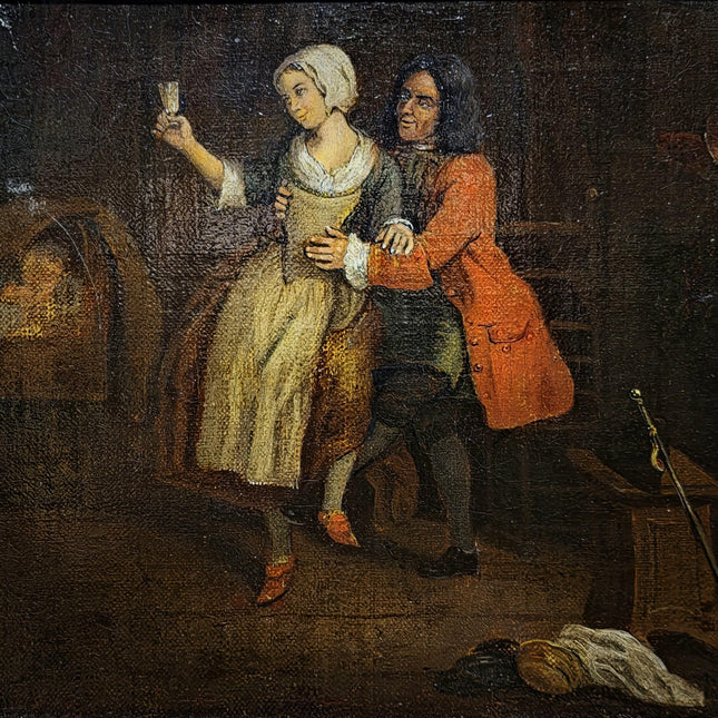 Antique Dutch Genre Painting, Gentleman And Maid Scene, 18th Century Oil On Canvas, Old Master Style, Dark Moody Framed Wall Art Decor
