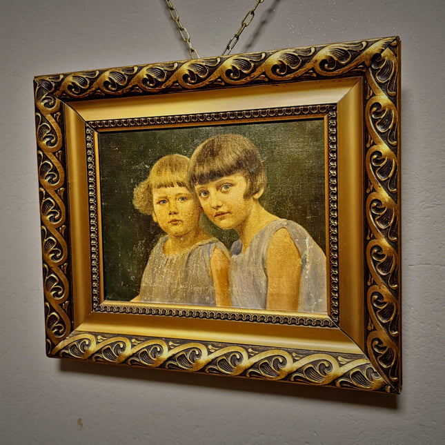 Antique Children Portrait Painting, German Vintage Kids Oil Artwork, Family Figurative Scene, Original Canvas, Framed Wall Decor