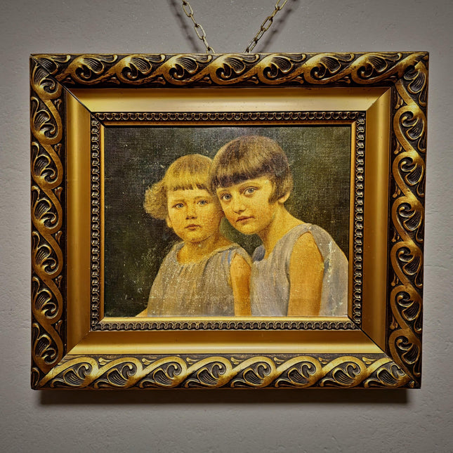 Antique Children Portrait Painting, German Vintage Kids Oil Artwork, Family Figurative Scene, Original Canvas, Framed Wall Decor