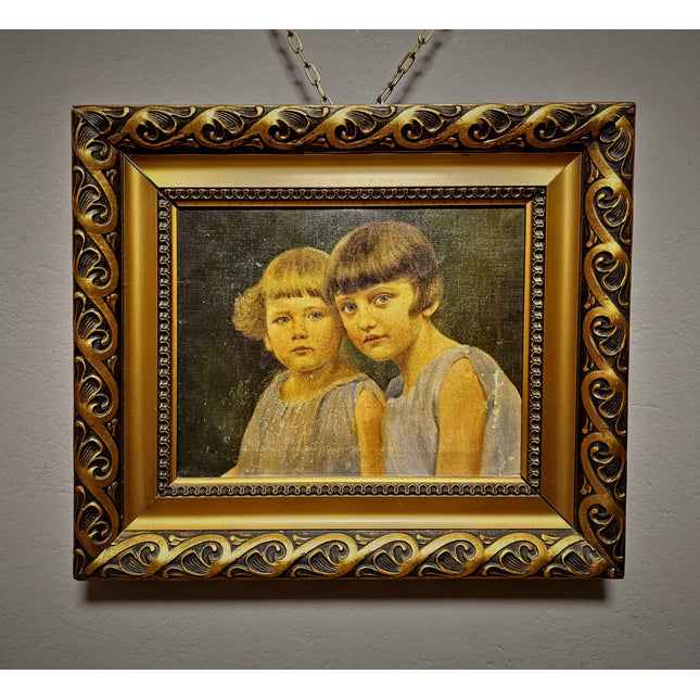 Antique Children Portrait Painting, German Vintage Kids Oil Artwork, Family Figurative Scene, Original Canvas, Framed Wall Decor