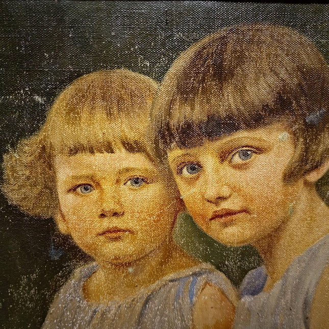 Antique Children Portrait Painting, German Vintage Kids Oil Artwork, Family Figurative Scene, Original Canvas, Framed Wall Decor