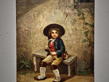 Antique French Oil Painting Portrait of Boy with Flute, Signed Genre Scene, Child Figure Artwork, European Wall Decor, Original Fine Piece