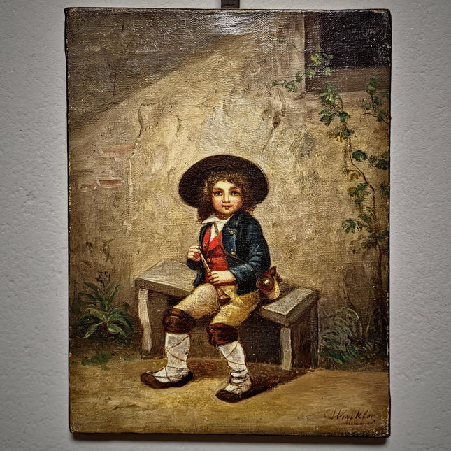 Antique French Oil Painting Portrait of Boy with Flute, Signed Genre Scene, Child Figure Artwork, European Wall Decor, Original Fine Piece