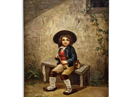 Antique French Oil Painting Portrait of Boy with Flute, Signed Genre Scene, Child Figure Artwork, European Wall Decor, Original Fine Piece