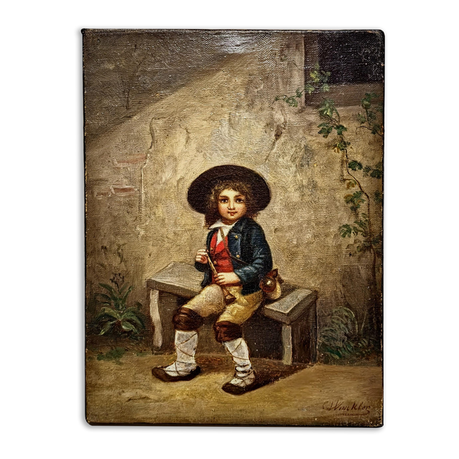 Antique French Oil Painting Portrait of Boy with Flute, Signed Genre Scene, Child Figure Artwork, European Wall Decor, Original Fine Piece