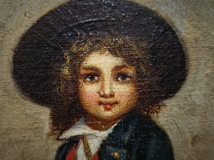 Antique French Oil Painting Portrait of Boy with Flute, Signed Genre Scene, Child Figure Artwork, European Wall Decor, Original Fine Piece