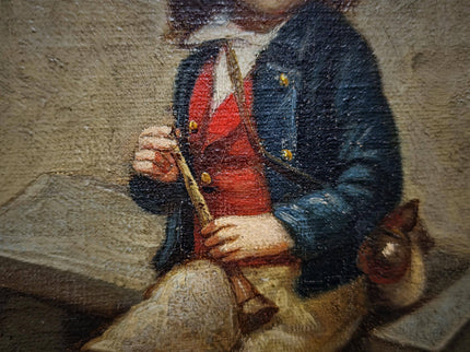 Antique French Oil Painting Portrait of Boy with Flute, Signed Genre Scene, Child Figure Artwork, European Wall Decor, Original Fine Piece