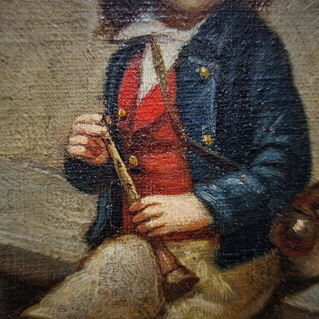 Antique French Oil Painting Portrait of Boy with Flute, Signed Genre Scene, Child Figure Artwork, European Wall Decor, Original Fine Piece