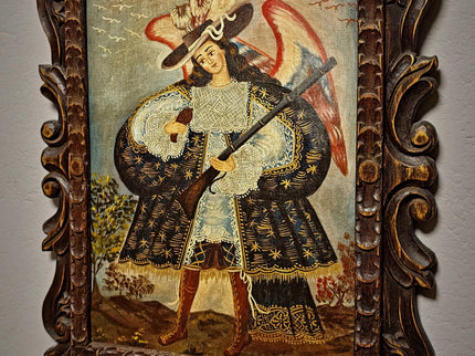 Antique Religious Painting, Armed Angel Art, Spanish Colonial Style, Andean Devotional Oil, Folk Catholic Wall Decor, Gothic Interior