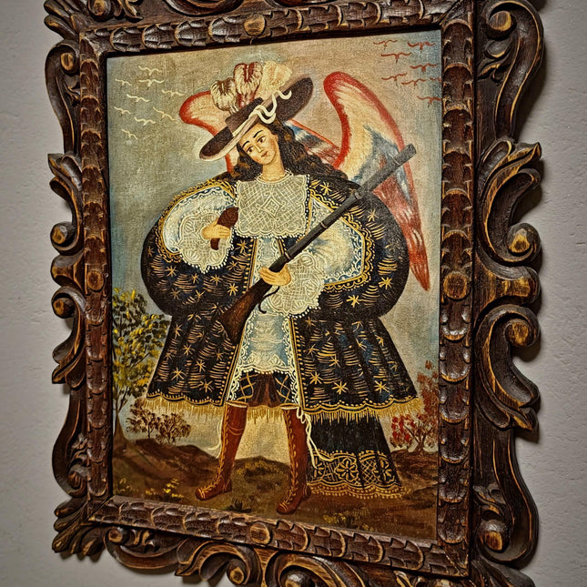 Antique Religious Painting, Armed Angel Art, Spanish Colonial Style, Andean Devotional Oil, Folk Catholic Wall Decor, Gothic Interior