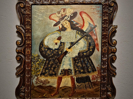 Antique Religious Painting, Armed Angel Art, Spanish Colonial Style, Andean Devotional Oil, Folk Catholic Wall Decor, Gothic Interior