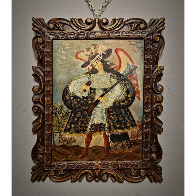 Antique Religious Painting, Armed Angel Art, Spanish Colonial Style, Andean Devotional Oil, Folk Catholic Wall Decor, Gothic Interior