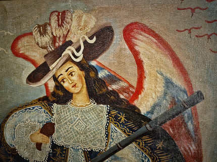 Antique Religious Painting, Armed Angel Art, Spanish Colonial Style, Andean Devotional Oil, Folk Catholic Wall Decor, Gothic Interior