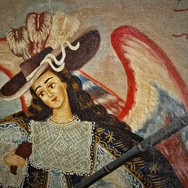 Antique Religious Painting, Armed Angel Art, Spanish Colonial Style, Andean Devotional Oil, Folk Catholic Wall Decor, Gothic Interior