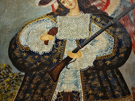 Antique Religious Painting, Armed Angel Art, Spanish Colonial Style, Andean Devotional Oil, Folk Catholic Wall Decor, Gothic Interior