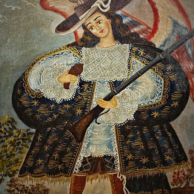 Antique Religious Painting, Armed Angel Art, Spanish Colonial Style, Andean Devotional Oil, Folk Catholic Wall Decor, Gothic Interior