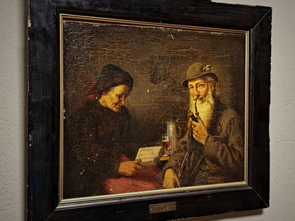 Antique Genre Oil Painting, German Interior Scene, Munich School Art, 19th Century Artwork, Biedermeier Style, Dark Moody Framed Wall Decor