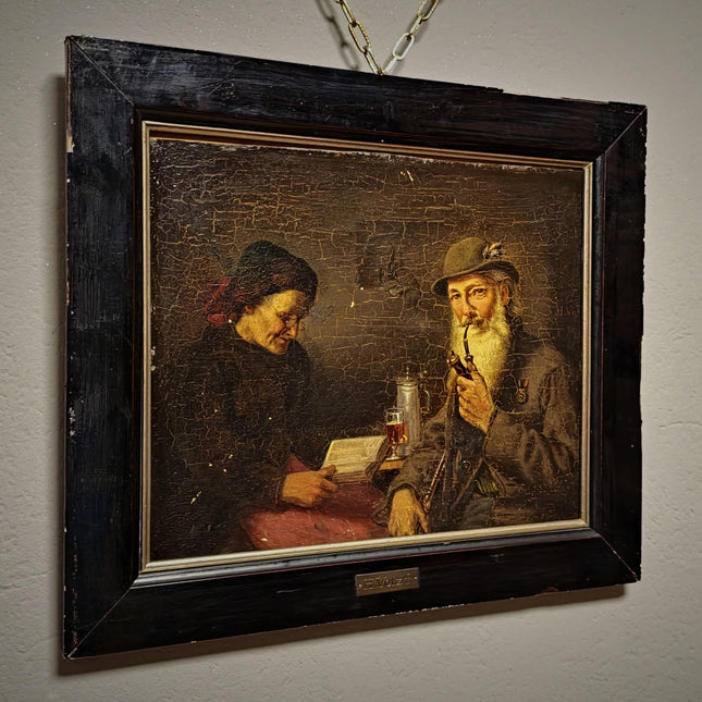 Antique Genre Oil Painting, German Interior Scene, Munich School Art, 19th Century Artwork, Biedermeier Style, Dark Moody Framed Wall Decor