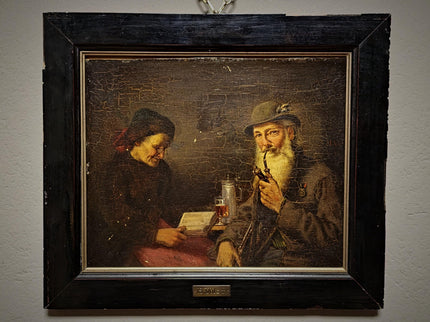 Antique Genre Oil Painting, German Interior Scene, Munich School Art, 19th Century Artwork, Biedermeier Style, Dark Moody Framed Wall Decor