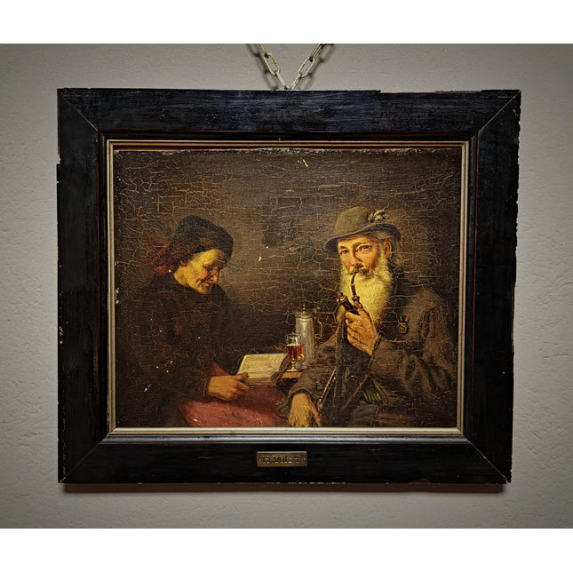 Antique Genre Oil Painting, German Interior Scene, Munich School Art, 19th Century Artwork, Biedermeier Style, Dark Moody Framed Wall Decor