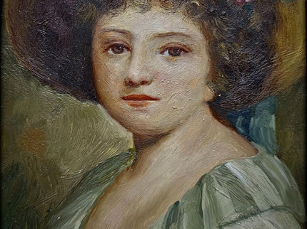 Small Antique French Portrait Painting, Young Woman In Hat, Female Oil Artwork, Gold Frame Wall Art Decor, Gift For Her
