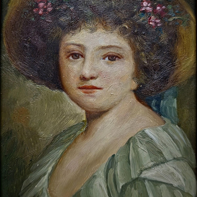 Small Antique French Portrait Painting, Young Woman In Hat, Female Oil Artwork, Gold Frame Wall Art Decor, Gift For Her