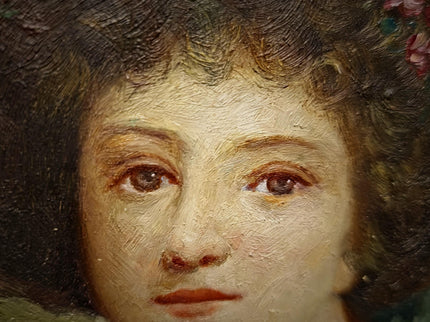 Small Antique French Portrait Painting, Young Woman In Hat, Female Oil Artwork, Gold Frame Wall Art Decor, Gift For Her
