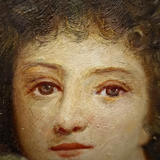 Small Antique French Portrait Painting, Young Woman In Hat, Female Oil Artwork, Gold Frame Wall Art Decor, Gift For Her