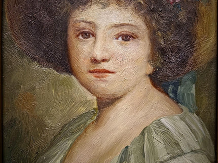 Small Antique French Portrait Painting, Young Woman In Hat, Female Oil Artwork, Gold Frame Wall Art Decor, Gift For Her