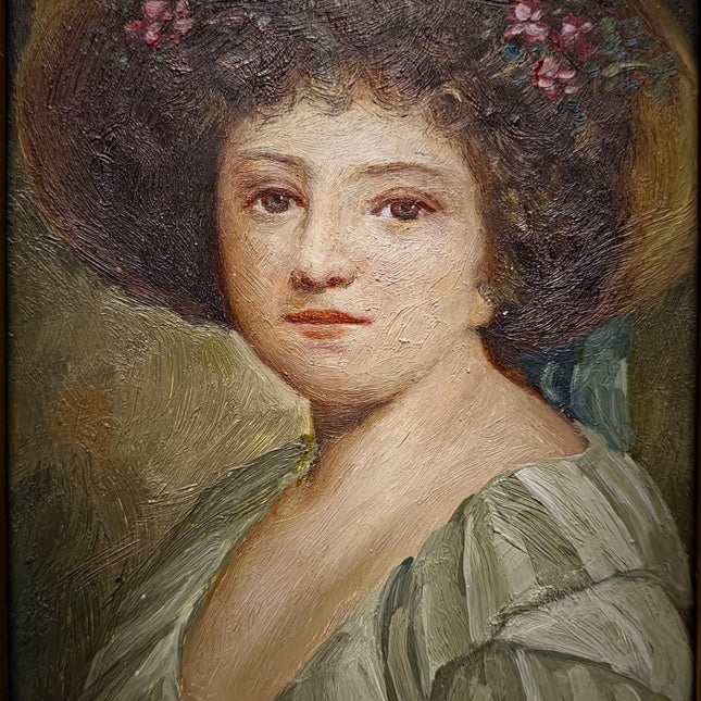 Small Antique French Portrait Painting, Young Woman In Hat, Female Oil Artwork, Gold Frame Wall Art Decor, Gift For Her