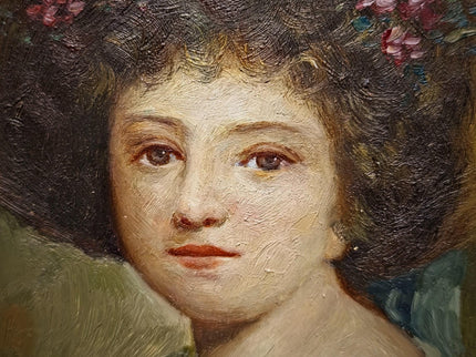 Small Antique French Portrait Painting, Young Woman In Hat, Female Oil Artwork, Gold Frame Wall Art Decor, Gift For Her