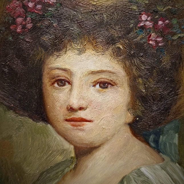 Small Antique French Portrait Painting, Young Woman In Hat, Female Oil Artwork, Gold Frame Wall Art Decor, Gift For Her
