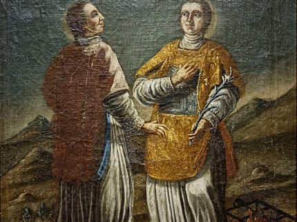 Rare Antique Religious Painting, Saint Stephen And Lawrence, 18th Century Baroque Art, South German Devotional Oil, Folk Catholic Decor