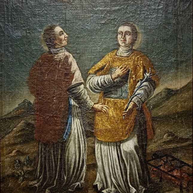 Rare Antique Religious Painting, Saint Stephen And Lawrence, 18th Century Baroque Art, South German Devotional Oil, Folk Catholic Decor