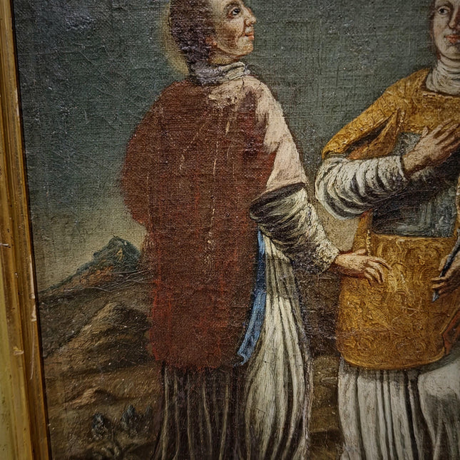 Rare Antique Religious Painting, Saint Stephen And Lawrence, 18th Century Baroque Art, South German Devotional Oil, Folk Catholic Decor