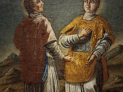 Rare Antique Religious Painting, Saint Stephen And Lawrence, 18th Century Baroque Art, South German Devotional Oil, Folk Catholic Decor