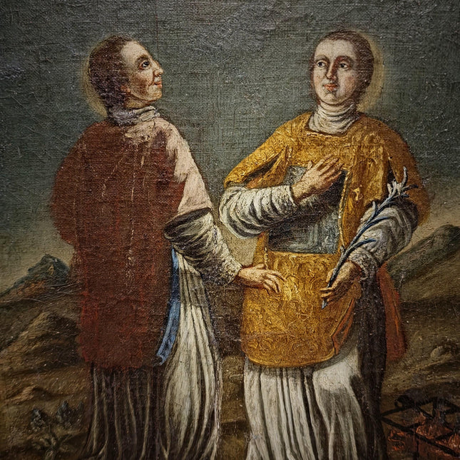 Rare Antique Religious Painting, Saint Stephen And Lawrence, 18th Century Baroque Art, South German Devotional Oil, Folk Catholic Decor