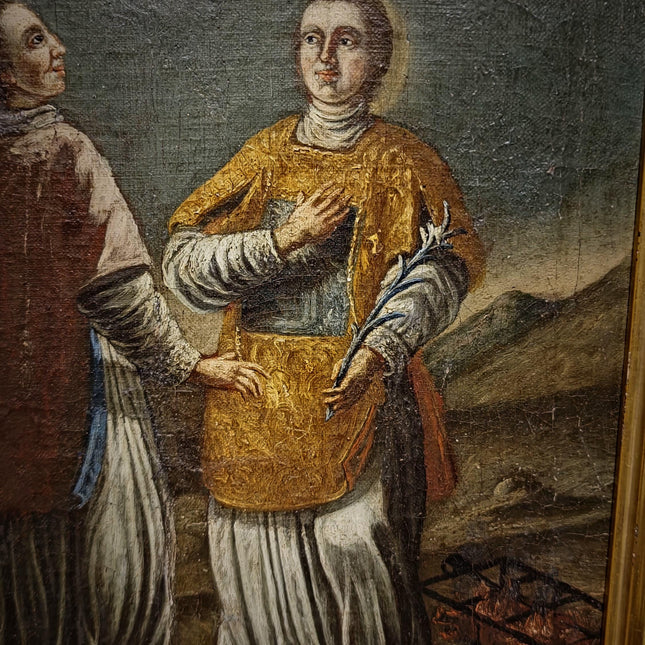 Rare Antique Religious Painting, Saint Stephen And Lawrence, 18th Century Baroque Art, South German Devotional Oil, Folk Catholic Decor