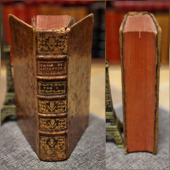 1753 Antique French Leather Book Set, 37 Volumes, 18th Century Bookshelf Decor, Rare Church History Library, Dark Academia Interior