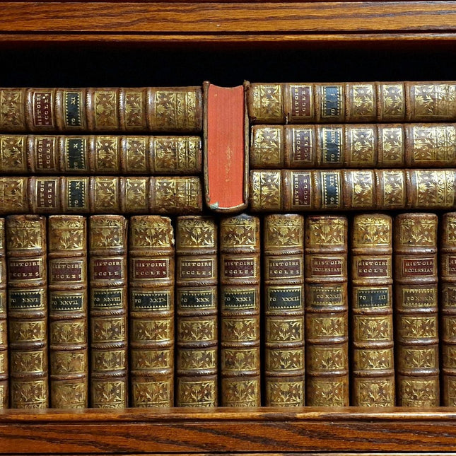 1753 Antique French Leather Book Set, 37 Volumes, 18th Century Bookshelf Decor, Rare Church History Library, Dark Academia Interior
