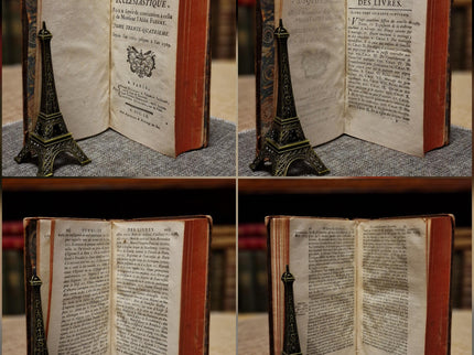 1753 Antique French Leather Book Set, 37 Volumes, 18th Century Bookshelf Decor, Rare Church History Library, Dark Academia Interior