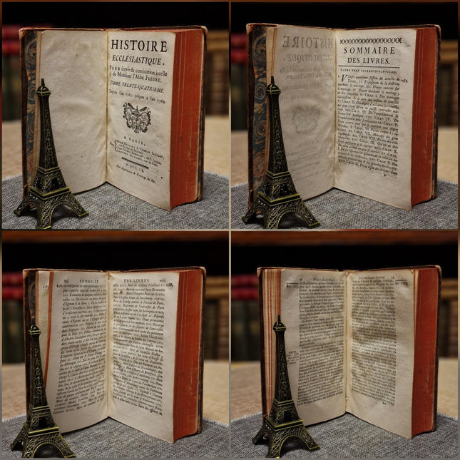 1753 Antique French Leather Book Set, 37 Volumes, 18th Century Bookshelf Decor, Rare Church History Library, Dark Academia Interior