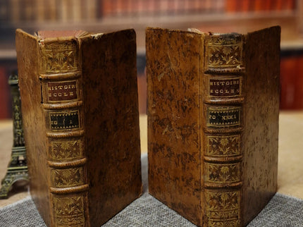 1753 Antique French Leather Book Set, 37 Volumes, 18th Century Bookshelf Decor, Rare Church History Library, Dark Academia Interior