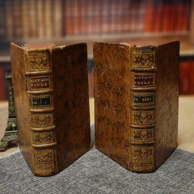 1753 Antique French Leather Book Set, 37 Volumes, 18th Century Bookshelf Decor, Rare Church History Library, Dark Academia Interior