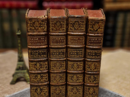 1753 Antique French Leather Book Set, 37 Volumes, 18th Century Bookshelf Decor, Rare Church History Library, Dark Academia Interior
