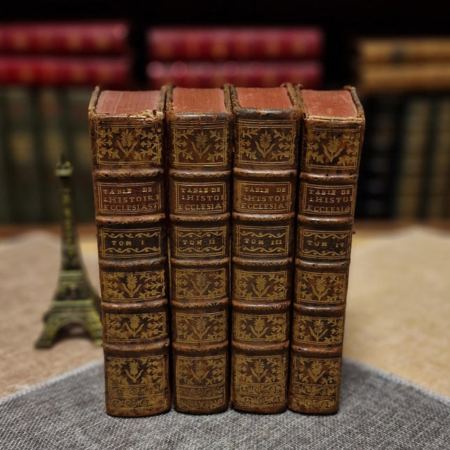 1753 Antique French Leather Book Set, 37 Volumes, 18th Century Bookshelf Decor, Rare Church History Library, Dark Academia Interior