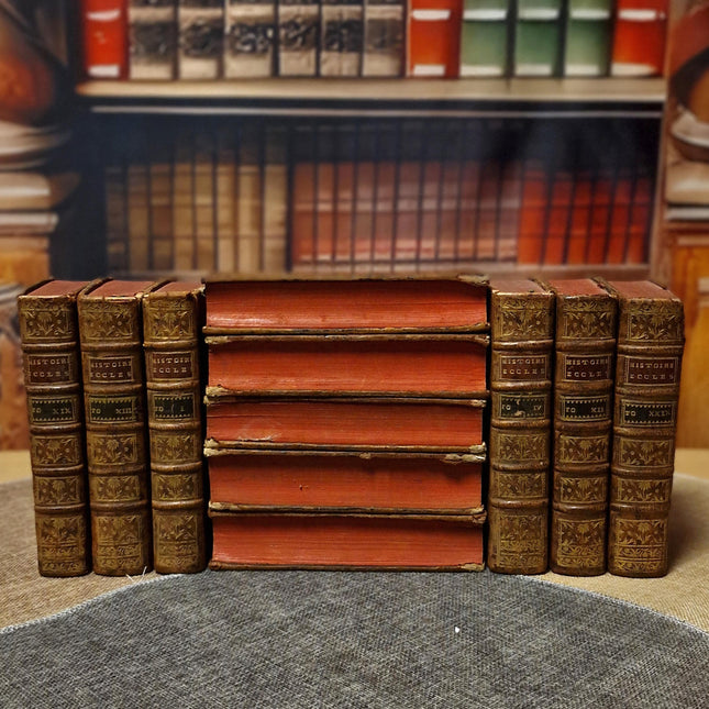 1753 Antique French Leather Book Set, 37 Volumes, 18th Century Bookshelf Decor, Rare Church History Library, Dark Academia Interior