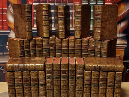1753 Antique French Leather Book Set, 37 Volumes, 18th Century Bookshelf Decor, Rare Church History Library, Dark Academia Interior