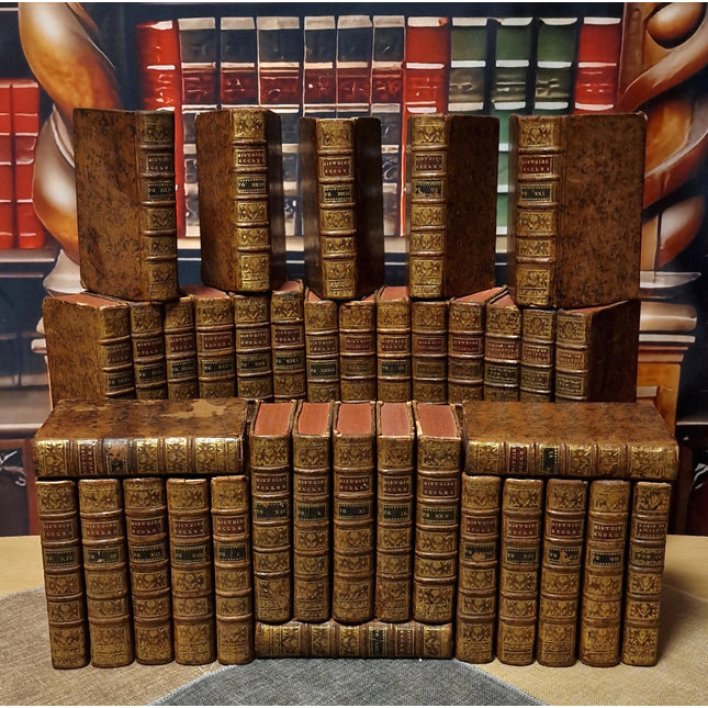 1753 Antique French Leather Book Set, 37 Volumes, 18th Century Bookshelf Decor, Rare Church History Library, Dark Academia Interior