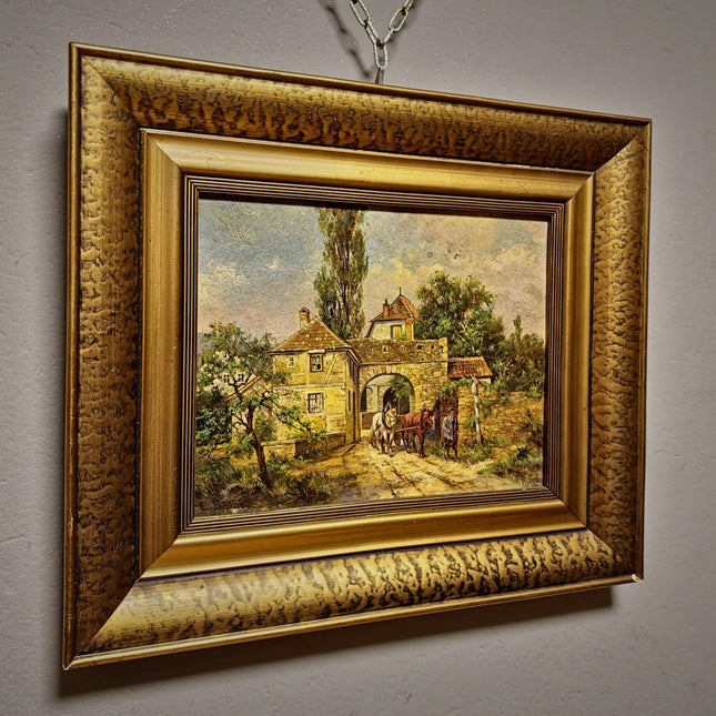 Antique German Landscape Oil Painting, Original Signed Artwork, Horse Carriage City Gate Scene, Gold Framed Wall Art, European Vintage Decor